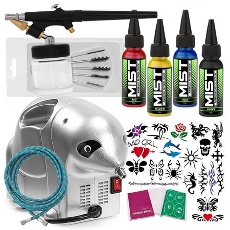 PointZero Complete Temporary Tattoo Airbrush Set - 4 Color, 20 Stencil Kit
