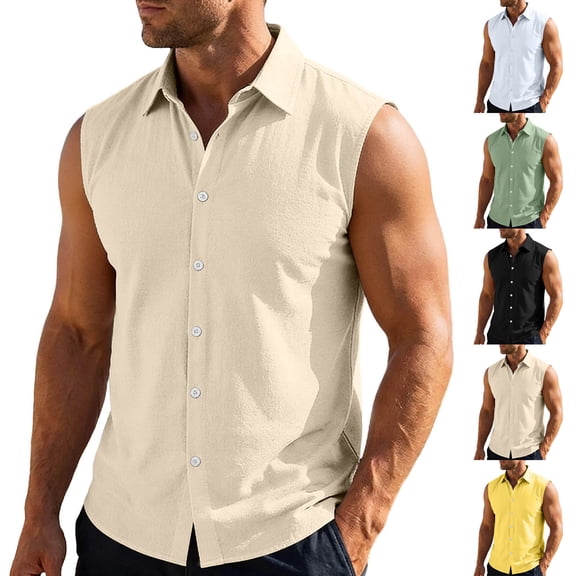 WIZUTIZ Mens Casual Linen Tank Tops for Summer Cooling Beach Shirts Fitted Sleeveless T-Shirt Button Down Shirt Workout Tees