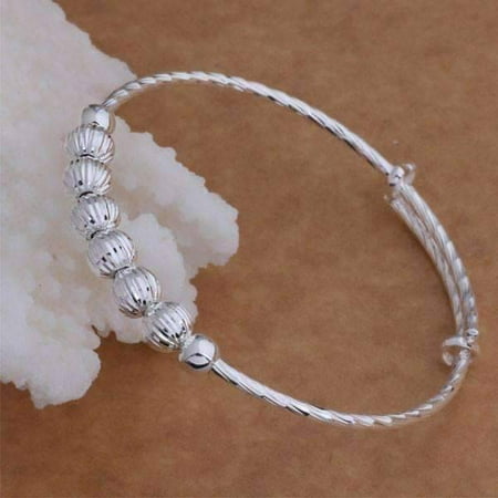 Diamond Cut Beaded Adjustable Sterling Silver Bangle Bracelet
