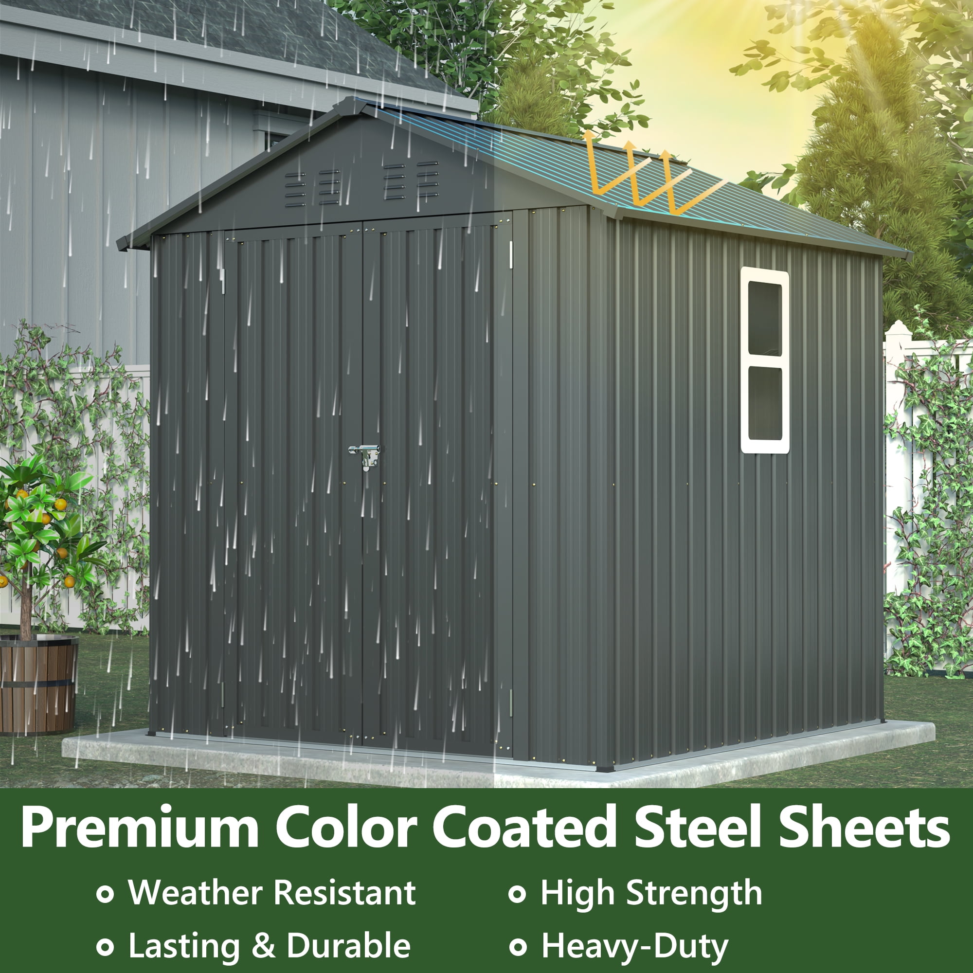 LZBEITEM 6x6 ft Metal Outdoor Storage Shed with Window, Lockable Tool Storage Shed, Steel Garden Sheds with Gable Roof for Backyard, Patio, Garage, Lawn, Black