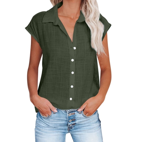 yoeyez Cotton Linen Short Sleeve Tops for Women V Neck Solid Color Cute Tunic Tops Loose Fit Button Down Lapel Solid Color Tees on Sale Army Green L