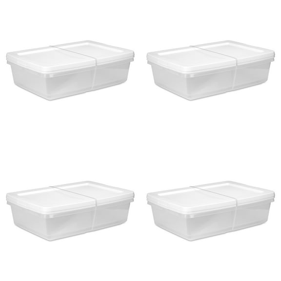 Sterilite Set of (2) Small Storage Bin, 28 Quart Clear Plastic Storage Container with Snap-On Lid, White 4 Pack