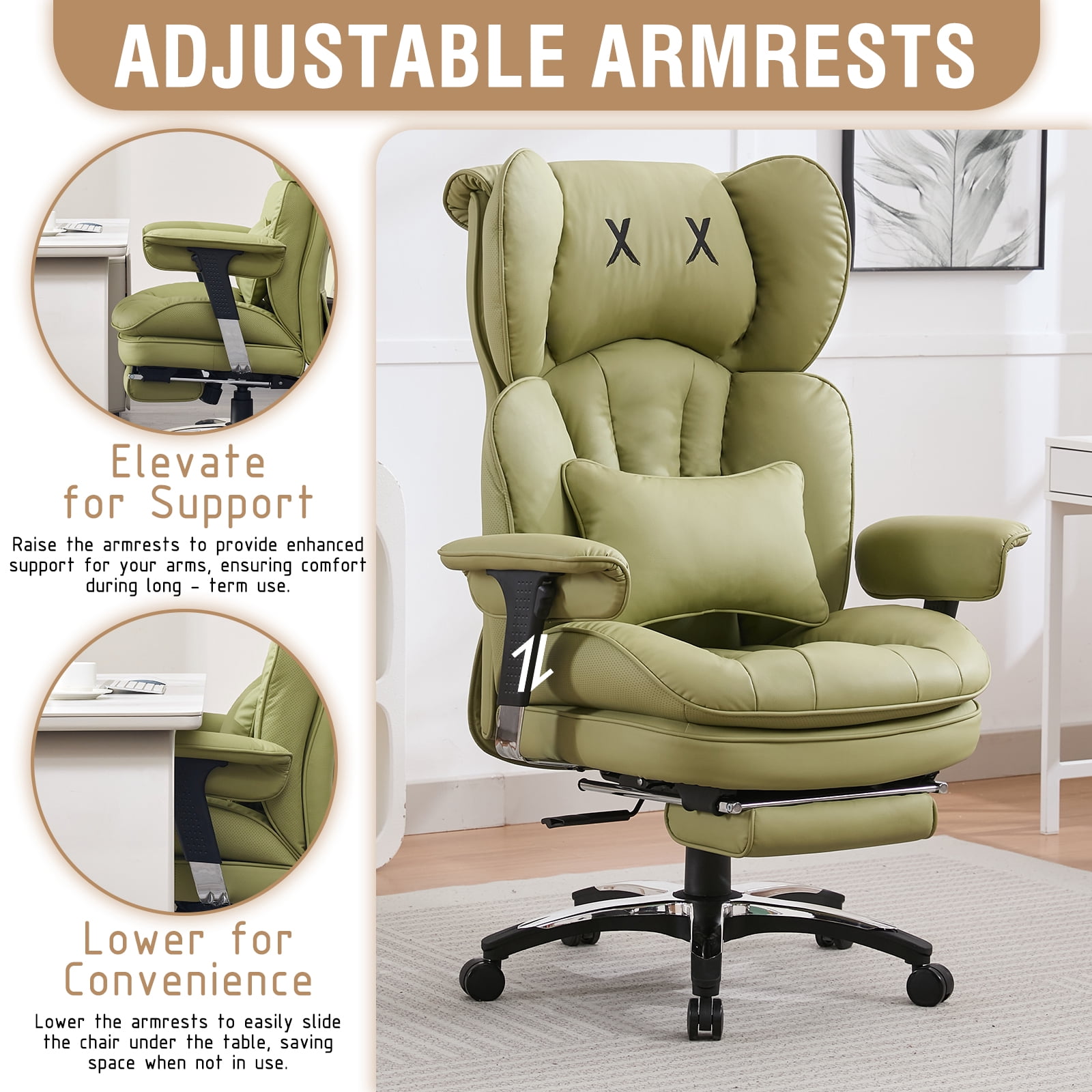 ATMILD 400lbs Big and Tall Ergonomic Office Chair Comfortable PU Leather Executive Desk Chair with Footrest and Lumbar Support (Green)
