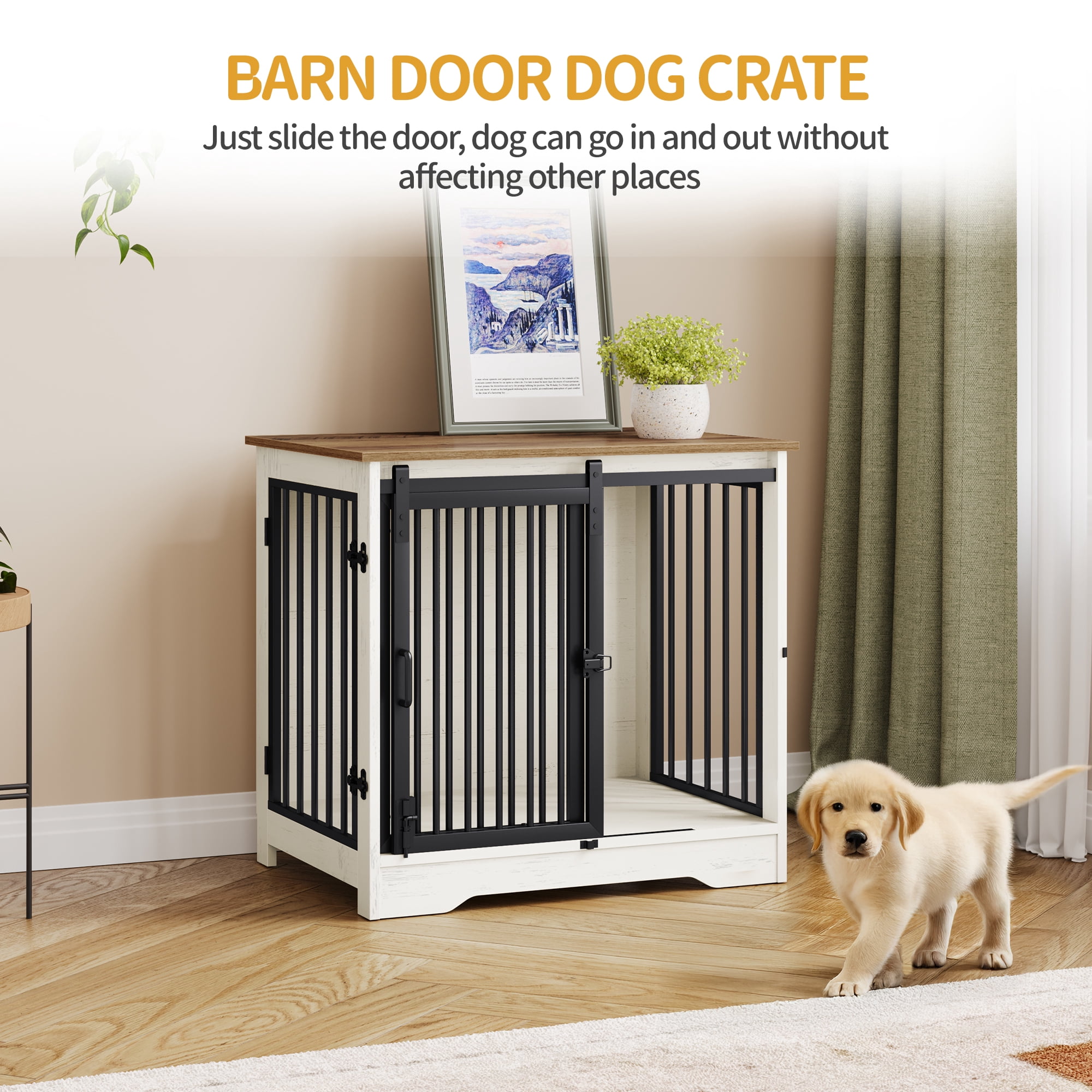 27.2"Dog Crate Furniture with Barn Door,Wooden Pet Cage End Table for Small Medium Dogs up to 22 lb