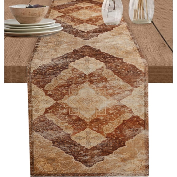 Rerto Brown Flowers Table Runners 90 inches Long, Wedding/Coffee Table Runner Vintage Geometric Turkish Table Linen Cloth for Dinning Holiday Party Indoor Outdoor Decor
