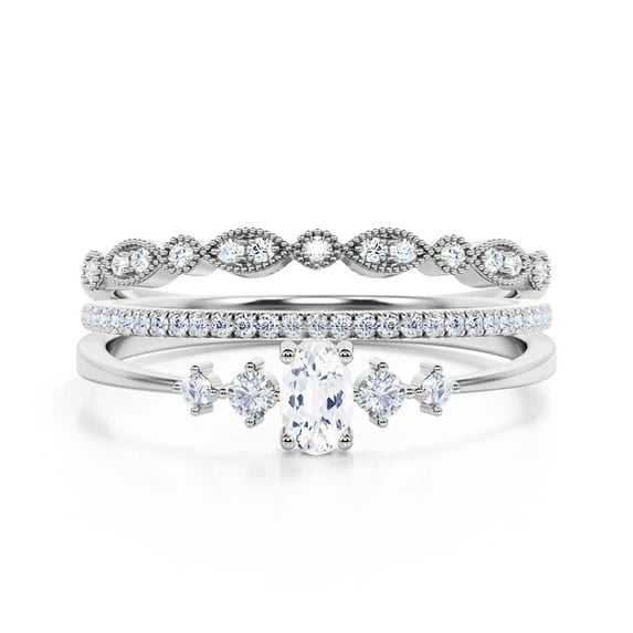 Minimalist Classic 1.65 Carat Oval Cut Diamond Moissanite Engagement Ring, Fairy And Dainty Ring, Wedding Ring in 10k Solid White Gold, Gift For Woman, Promise Ring, Trio Rings Set