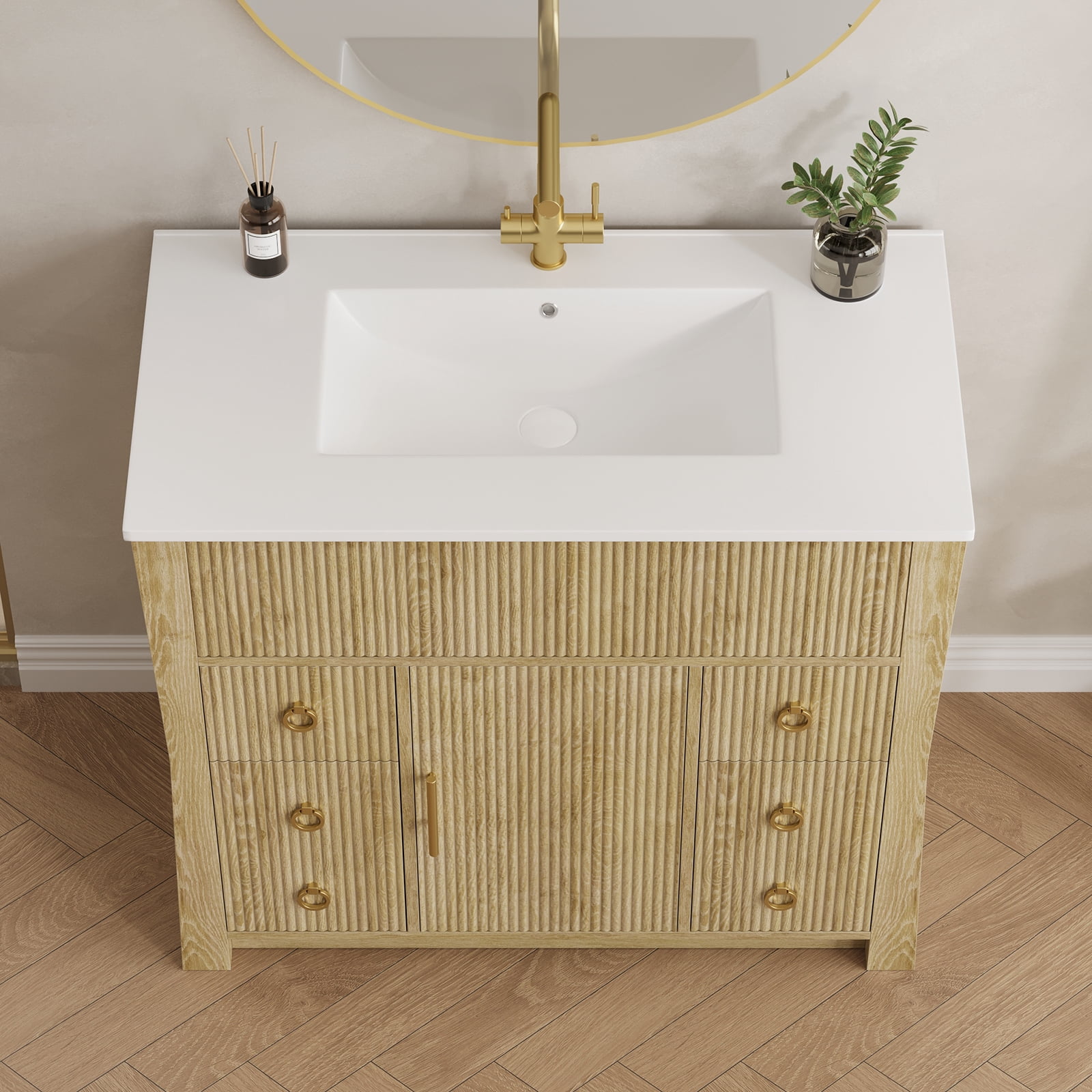 36-inch bathroom vanity, bathroom sink cabinet, with ceramic sink and drainage pipe, and equipped with 4 drawers and 1 door bathroom vanity, made of high-quality wood