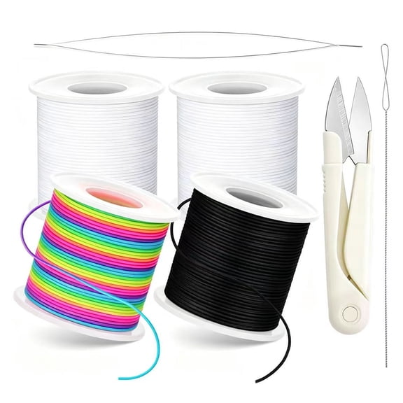 TAETOE Stretchy Bracelet String Kit with Scissors & Beading Needle, 4 Rolls Elastic String for DIY Crafts, 1mm Stretchy Cord for Jewelry Making Sewing Necklace Beading, 660FT, (Black, White, Rainbow)