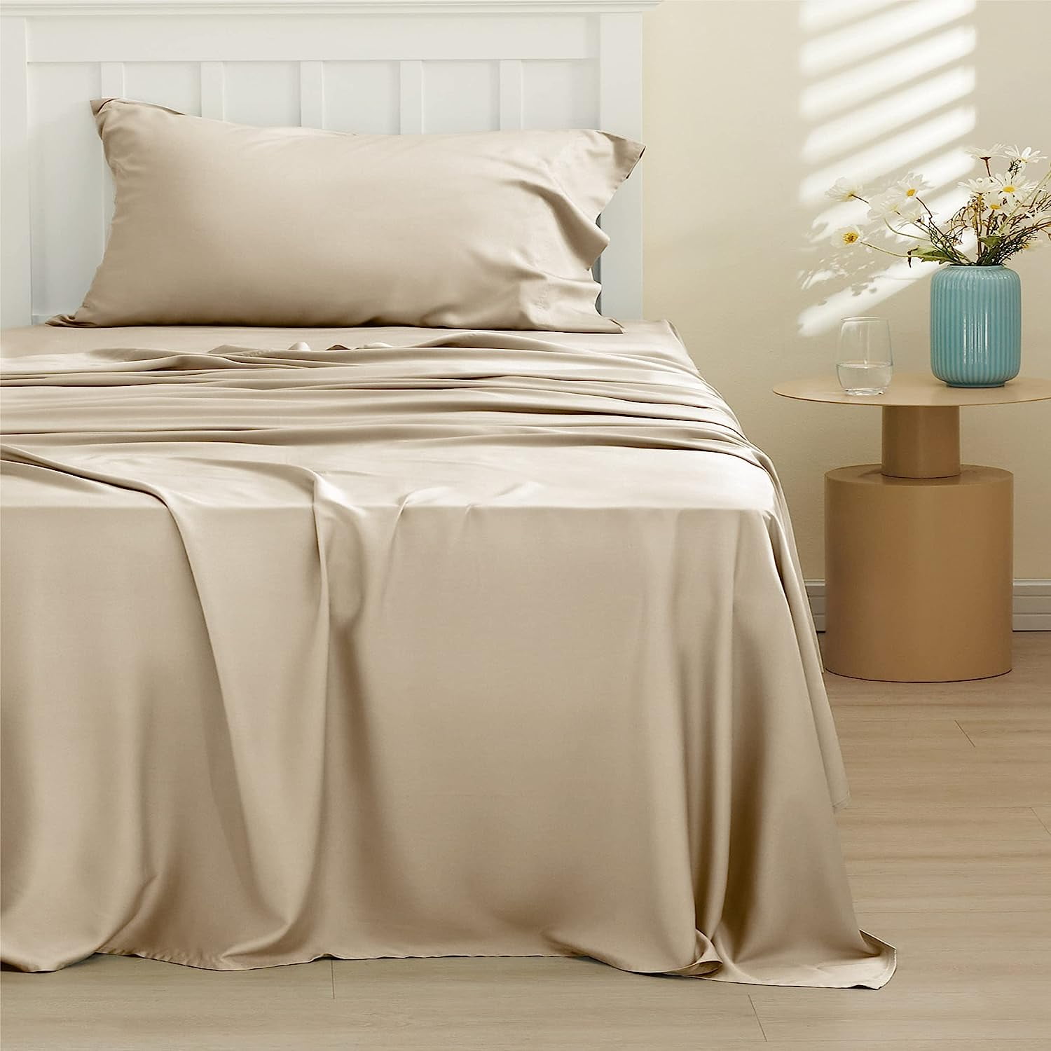 Bedsure Full Cooling Bed Sheets Set, Rayon Derived from Bamboo, Hotel  Luxury Silky Breathable Bedding Sheets & Pillowcases, Beige 