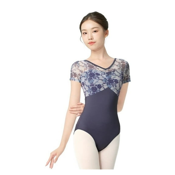 Women Ballet Leotards Floral Fake Two-pieces Dance Leotards V Neck Mesh Splice Short Sleeve Gymnastic Leotard