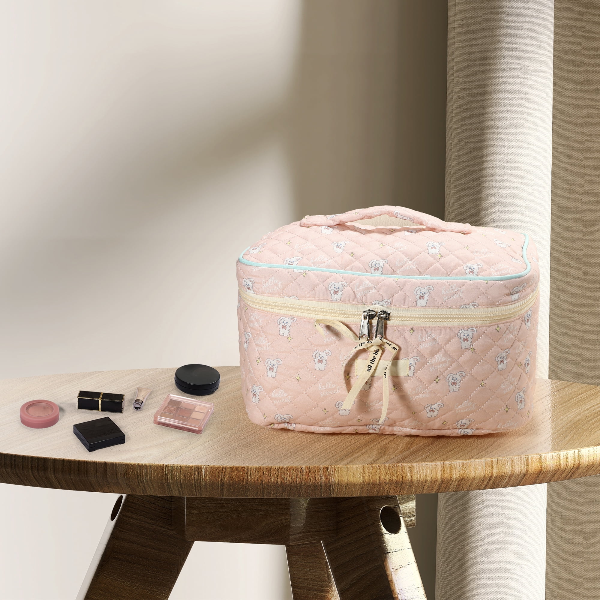 Unique Bargains Cotton Makeup Bag Aesthetic Cute Rabbit Pattern Makeup Bag for Women Pink