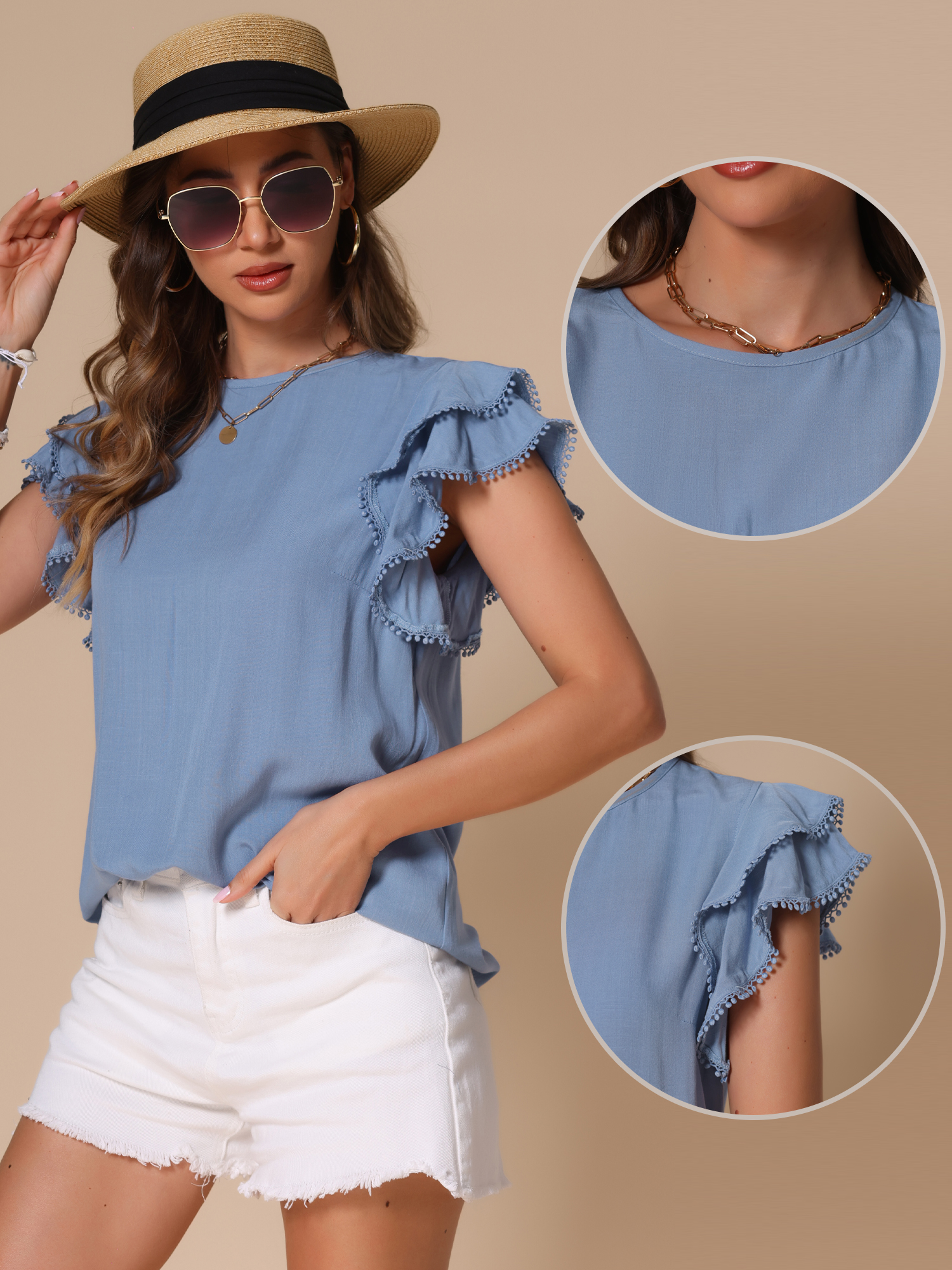 DARING DIVA Women's Dressy Round Neck Ruffle Sleeve Work Tops L Blue Gray