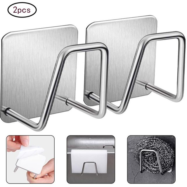 2 Pièces Porte-Éponge Auto-Adhésif Cuisine Évier Rack Vêtements Crochets, Crochets Adhésifs Transparents Pas de Forage Multi-Usages Crochets en Acier Inoxydable Imperméables pour Évier