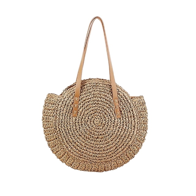 Bolsos de paja para mujer, bolsos redondos tejidos a mano de paja de maíz, bolso grande de playa de verano, bolso de hombro con asa tejida