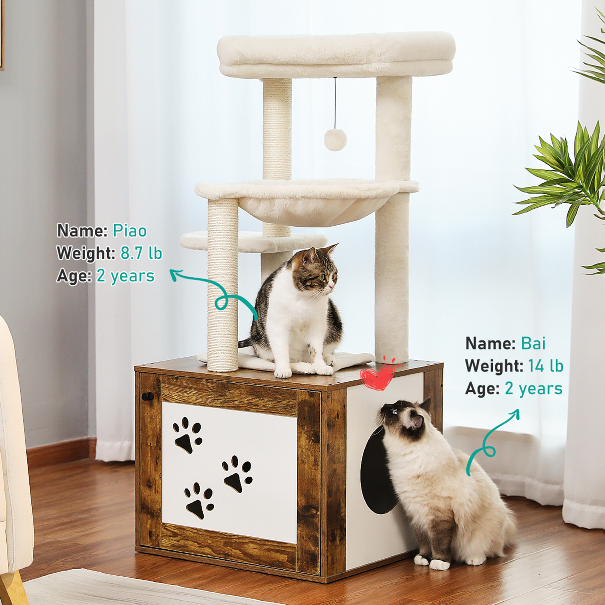 resenkos 46" Cat Tree Tower with Litter Box Enclosure, Wood Cat Condo with Hammock, Cat Scratching Posts, Removable Top Perch, Brown