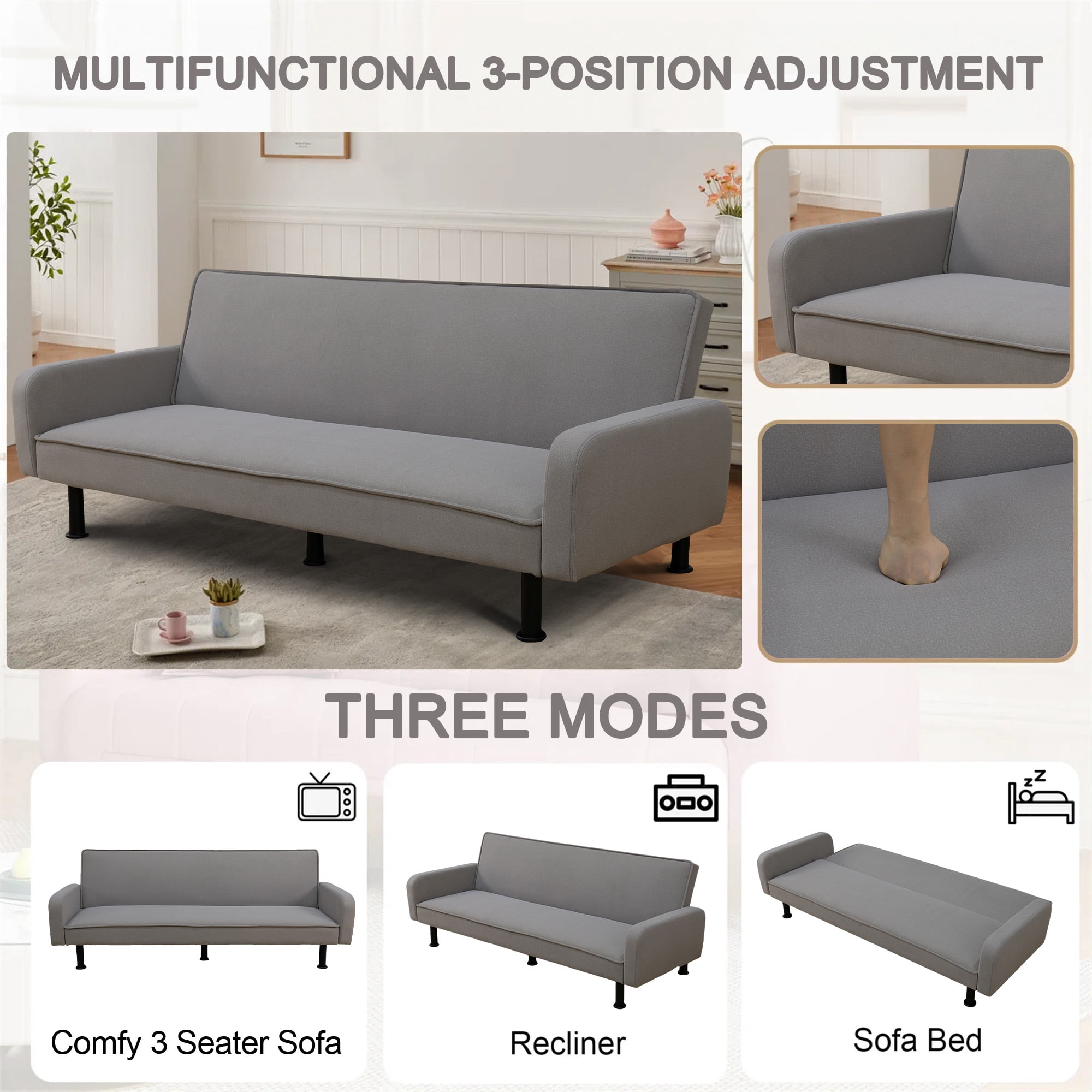 Aukfa 78" Square Arm Futon Sofa Bed Upholstered 3 Seat Couch for Home Office, Flannel, Gray