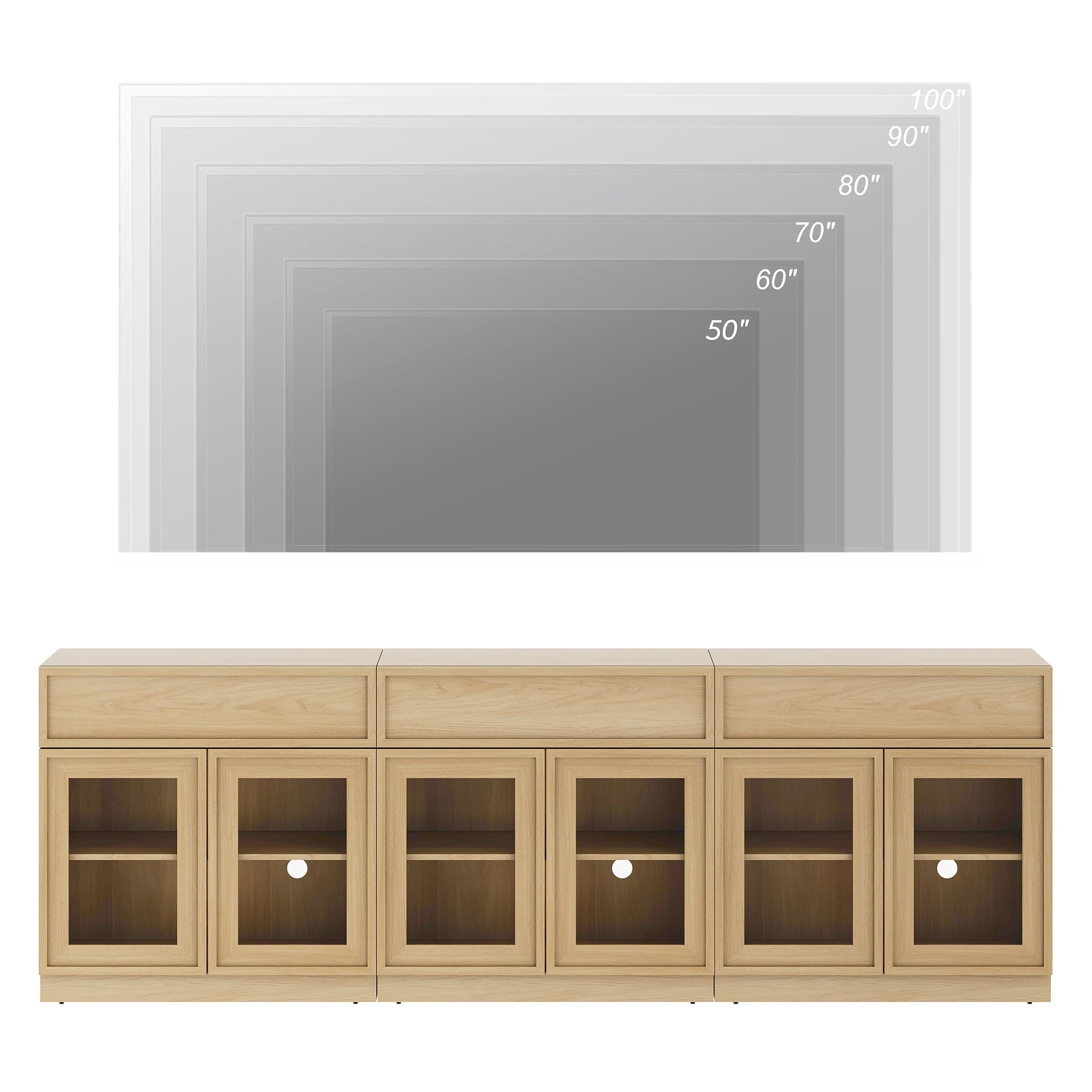 WAMPAT Modern TV Stand for TVs Up to 100", 3-in-1 Entertainment Center TV Console with 6 Doors and Drawer, Wooden Media Console Cabinet with Adjustable Shelf for Living Room, Bedroom, Oak