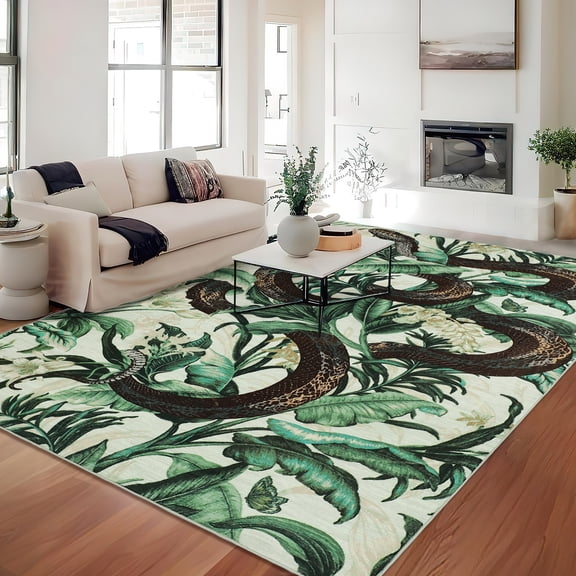 Assaile 8 x 10 ft Polyester Pearl Velvet Beige Green Rectangular Hallway Bathroom Entryway Kitchen Office Foldable Flower Snake Printed Modern Washable Area Rug