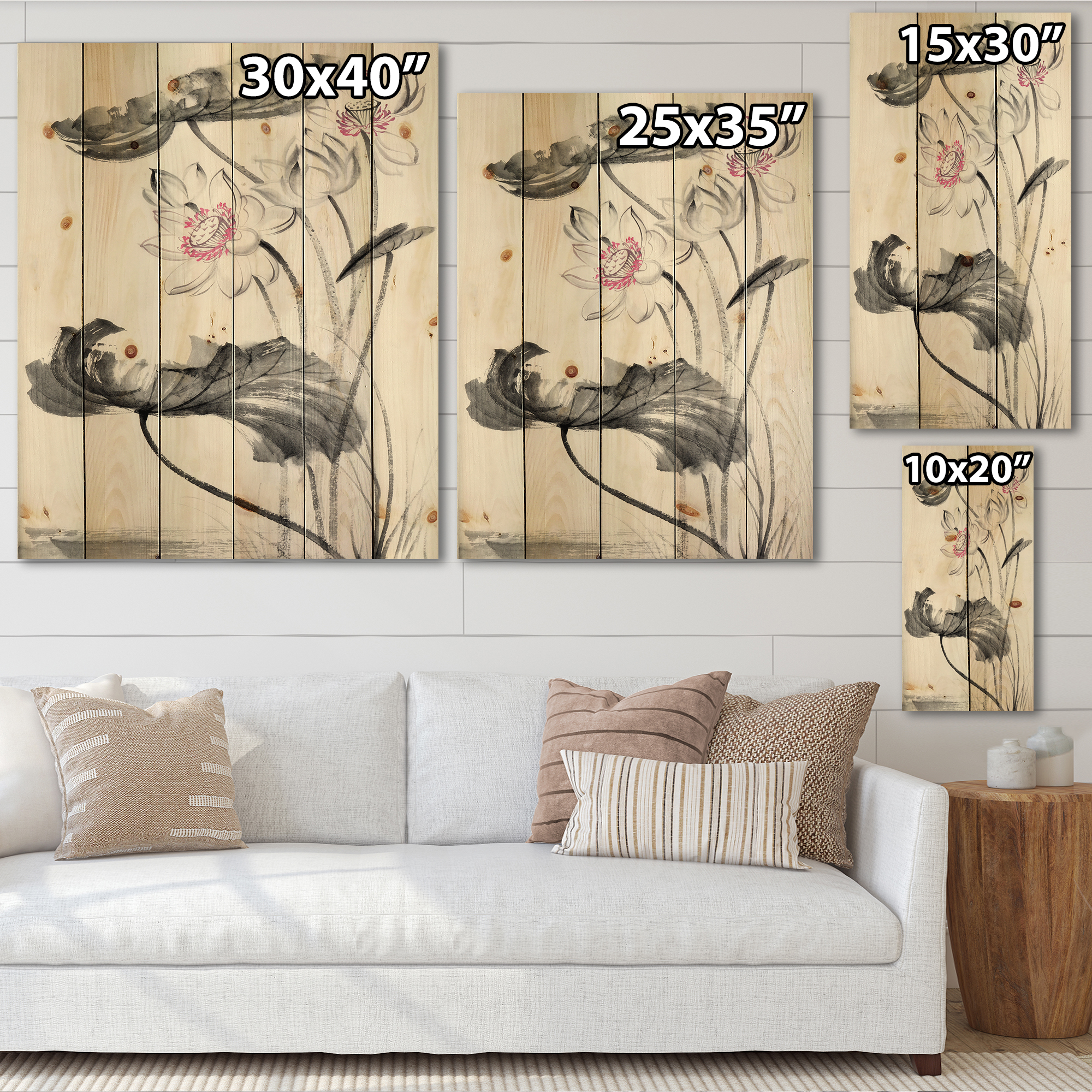 Designart 'Ancient Lotus Flowers' Traditional Print on Natural Pine Wood