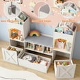 thumbnail image 3 of Vabches Kids Bookshelf with Reading Nook & LED Lights, Castle-Shaped Kids Toy Organization with 2 Movable Drawers & 5 Shelves and Bench, 3 of 7