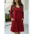thumbnail image 6 of SHIBEVER Women Dress Casual Party Plain Mini Dress for Women Fall Long Sleeve Cute Fit V Neck Pocket Loungewear Dresses Winered, 6 of 6