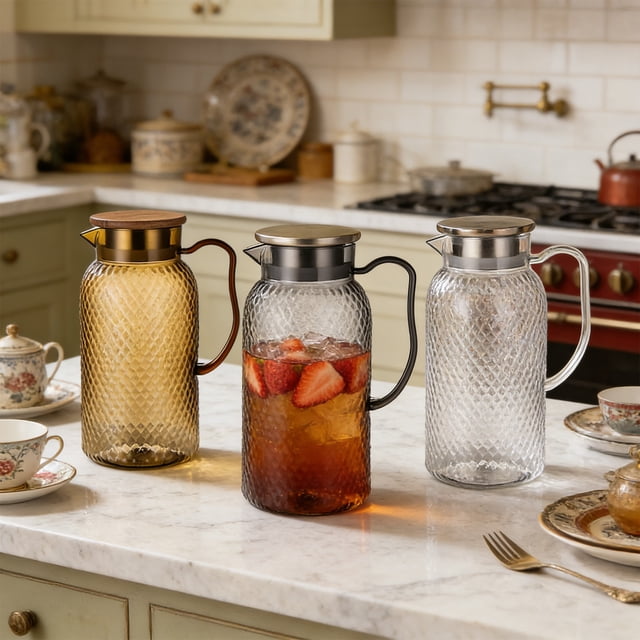 karymi 1 Liter Plastic Pitcher with Lid, Diamond Pattern, Heat Resistant Water Jug for Hot or Cold Water, Wooden Lid with Built In Strainer, for Bar KTV Restaurant Fruit Tea Gift Ideas