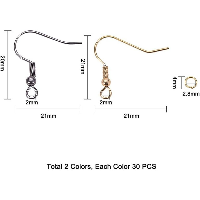 Stainless Steel Earring Hooks Settings, 60pcs (30pairs) Fish Hook Earrings with Loop, 4mm Jump Rings, Golden & Stainless Steel Color Ear Hooks for