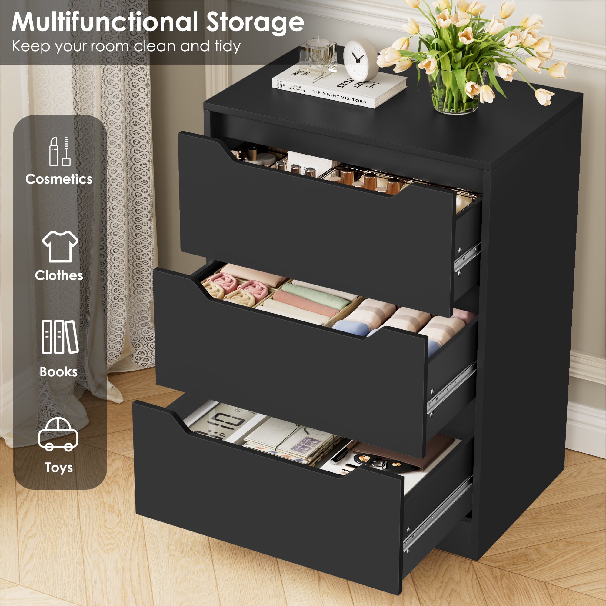 Homfa 3 Drawer Dresser, 23.6”W Nightstand, Wood Chest of Drawer with Cutout Handles for Bedroom Living Room，Black