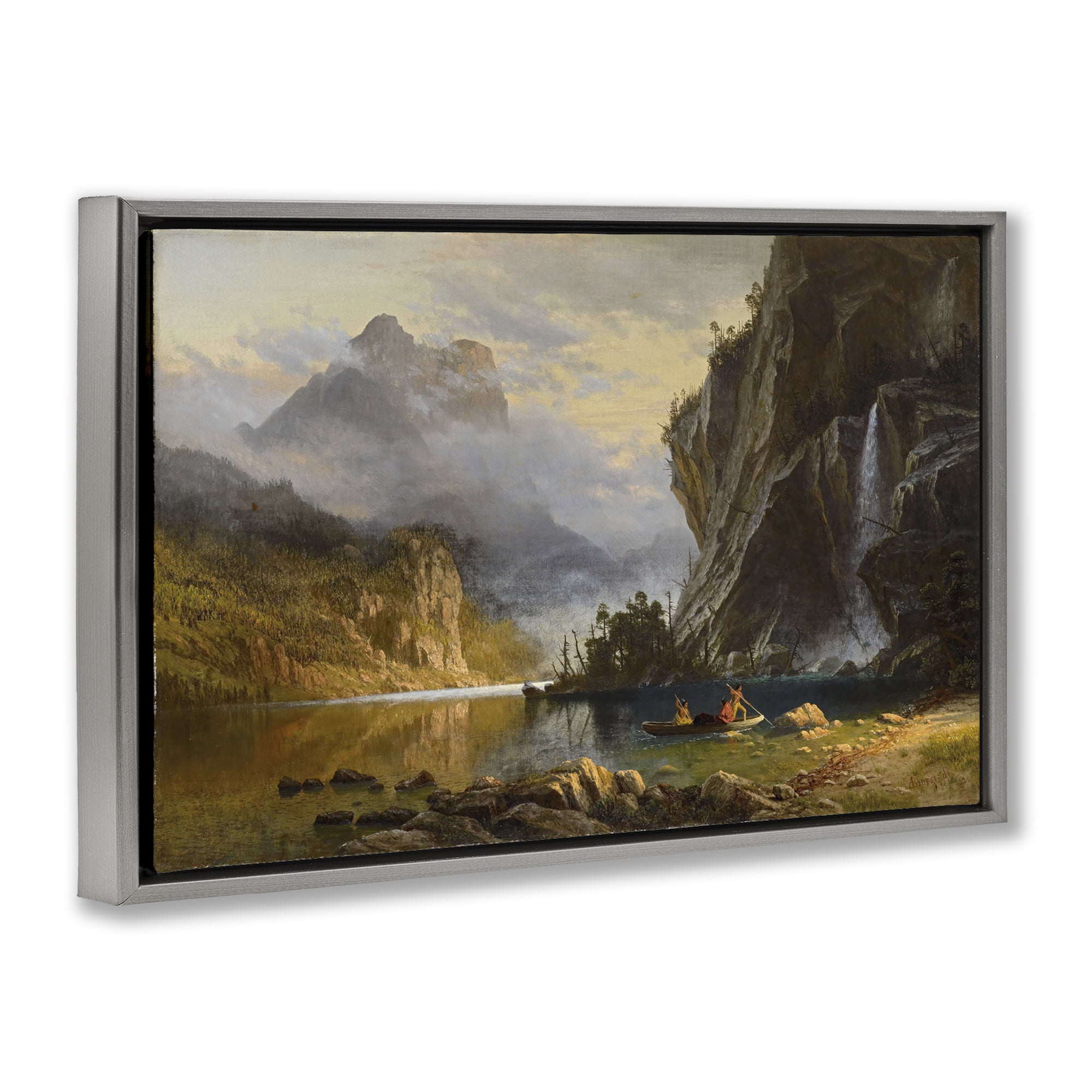 Stupell Industries Classical Spear Fishing Landscape & Nature Painting Gray Floater Framed Canvas Art Print Wall Art, 25 x 17