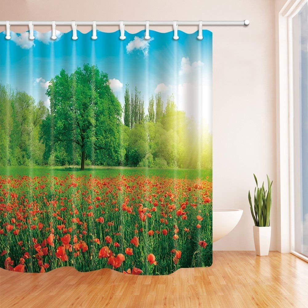 BPBOP Nature Scenery Red Flowers Against Green Forest Polyester Fabric ...