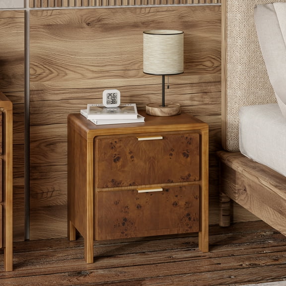 COZAYH Farmhouse Nightstand with 2 Drawer, Distressed Wood Rustic Accent Bedside Table, Burl Finish Side Table for Bedroom, Entryway, Fully Assembled, Brown