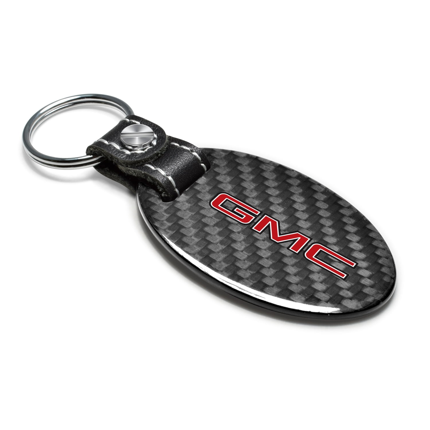 iPick Image for GMC in Red Black Real Carbon Fiber Oval Shape with Black Leather Strap Key Chain, Official Licensed