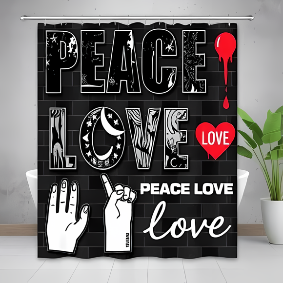 Bold Black and White "PEACE LOVE" Shower Curtain with Brick Wall Design - Edgy Bathroom Decor