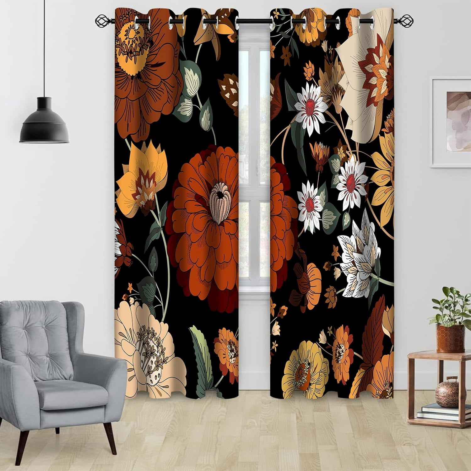 Boho Floral Botanical Blackout Window Curtains, Mid Century Morden Abstract Bohemian Flowers Tropical Leaves Darkening Window Drapes Grommet for Living Room Bedroom Decor 2 Panels 52"x84" Inches