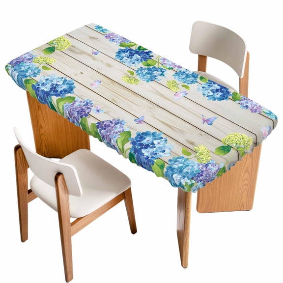 Blue Hydrangea Table Cloths for 4 Foot Rectangle Tables, Rustic Wooden Butterfly Spring Floral Patio Waterproof Elastic Fitted Tablecloths, Washable Rectangular Table Cover for Camping
