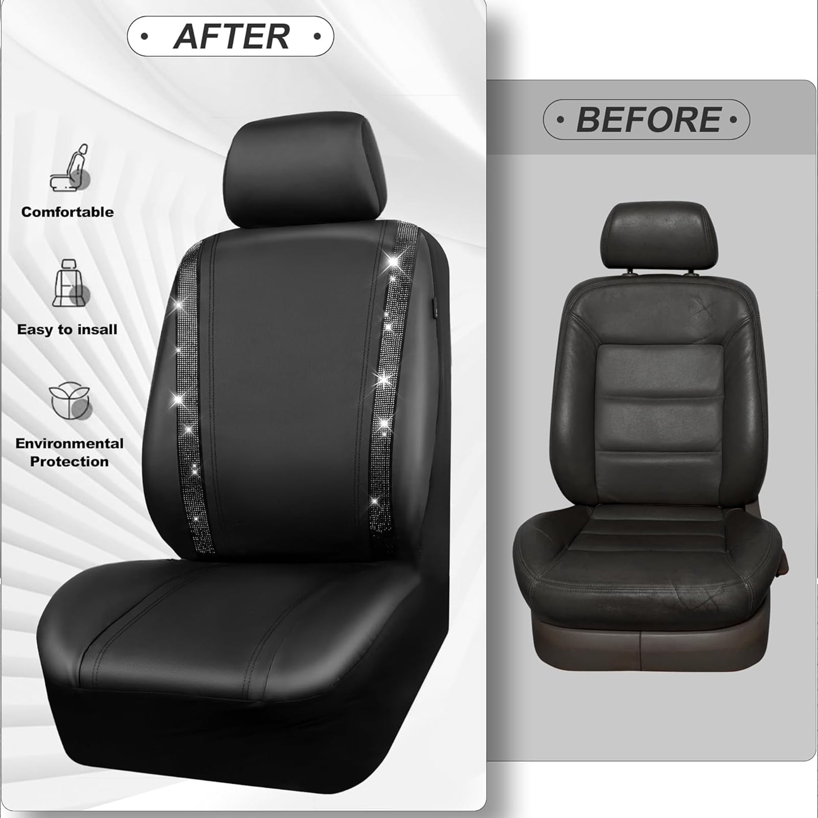 Car-Grand Bling Diamond Rhinestone Leather car seat covers full set waterproof universal shinning glitter crytal sparkle fit automotivve truck SUV Cute girl femal Black