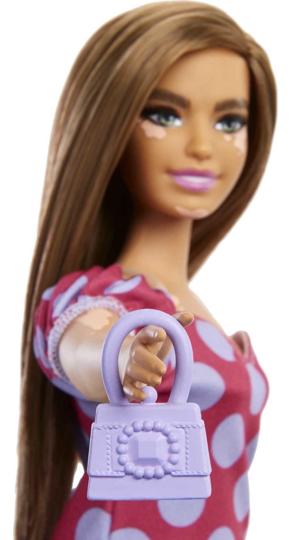 Barbie Fashionistas Doll #171, Curvy with Vitiligo & Long Brunette Hair in Polka Dot Dress