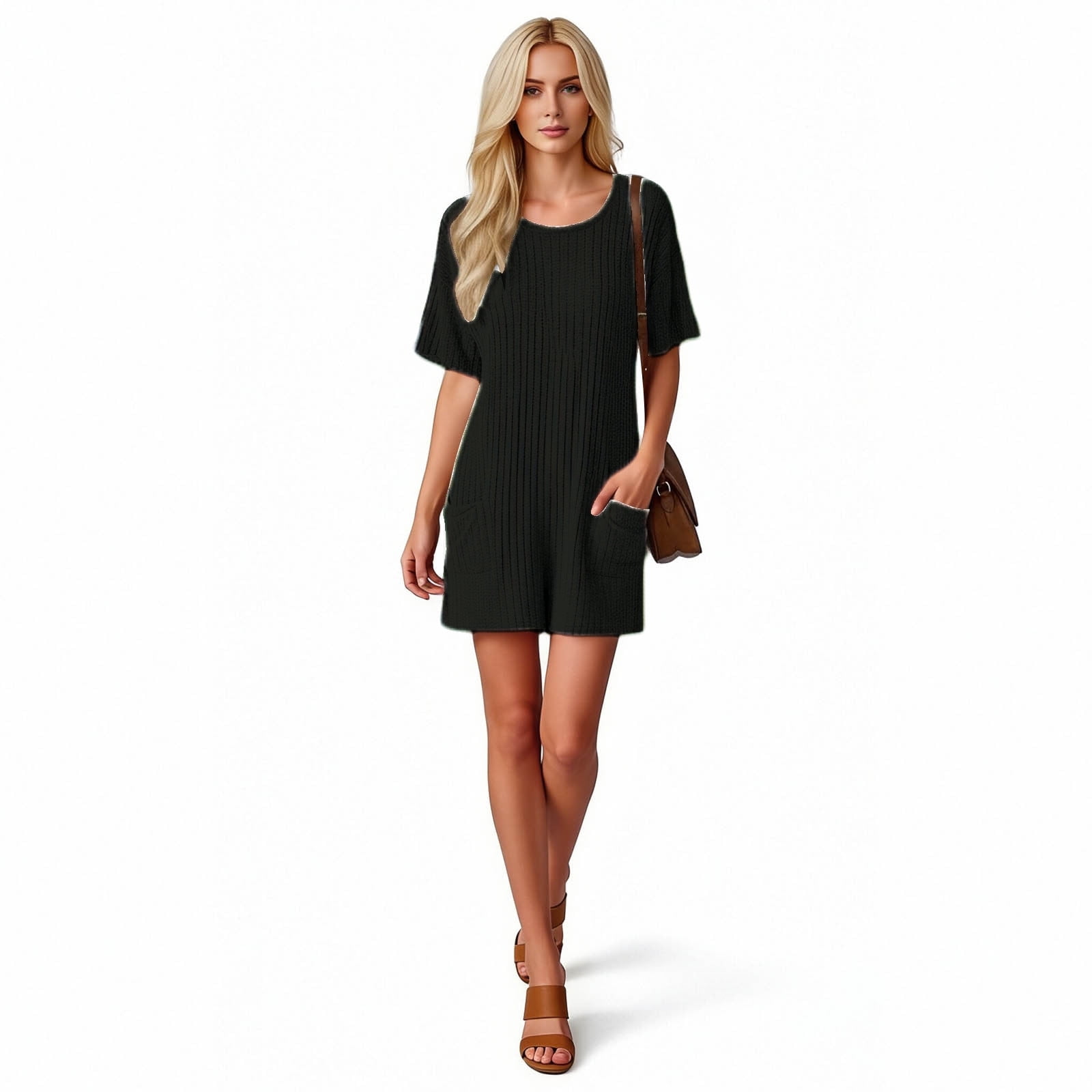 Dazajoo Women's Ribbed Knit Romper Short Sleeve Round Neck Rompers with Pockets Casual Crisscross Lace-Up Back Overalls,Black,L