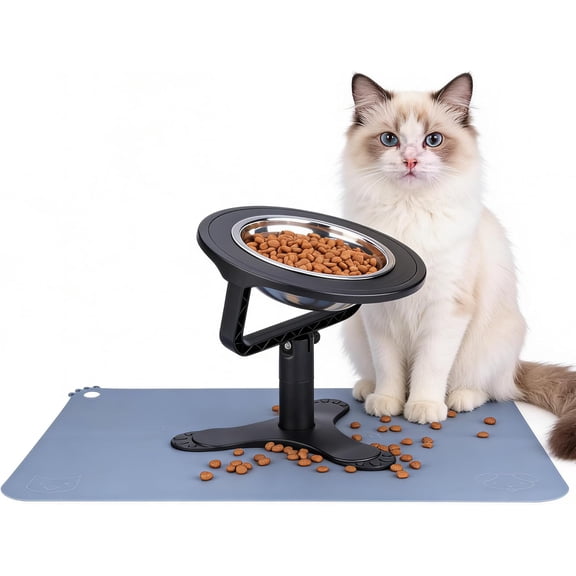 Elevated Cat Bowl with Silicone Food Mat, 3 Height Adjustable, 15° Tilted Cat Bowls Stand with Stainless Steel Bowl for Indoor Cats & Kittens (1 Pack with Mat),Black