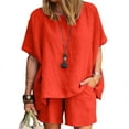 thumbnail image 4 of Hvyesh Linen Sets for Women 2 Piece Ladies Casual Summer Round Neck Short Sleeve Tops And Shorts Two Pieces Set Suit, 4 of 7