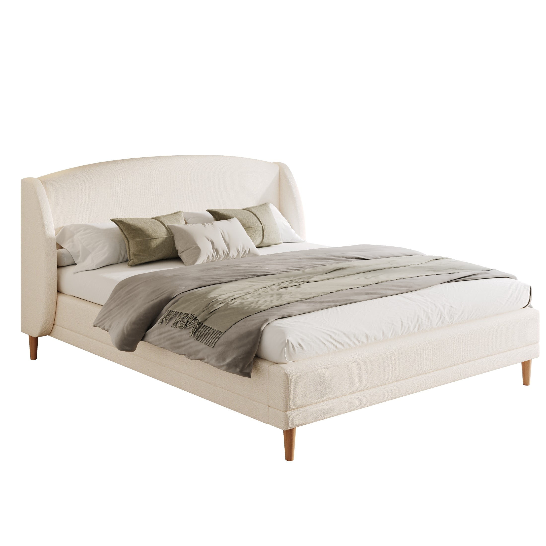 Carys Modern King Boucle Upholstered Bed, Platform Bed with Wingback Headboard, White