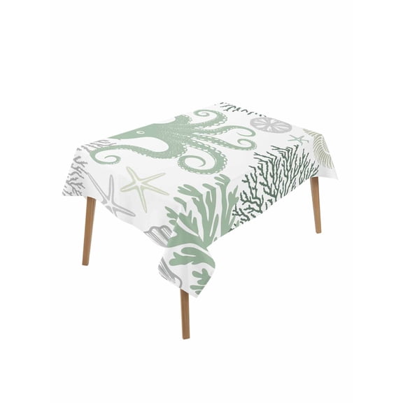 Sage Green Octopus Coastal Table Cloth, Nautical Coral Starfish Waterproof Tablecloth for Rectangle Tables, Reusable Washable Fabric Table Cover for Restaurant Kitchen Dining Tables 60"x102"