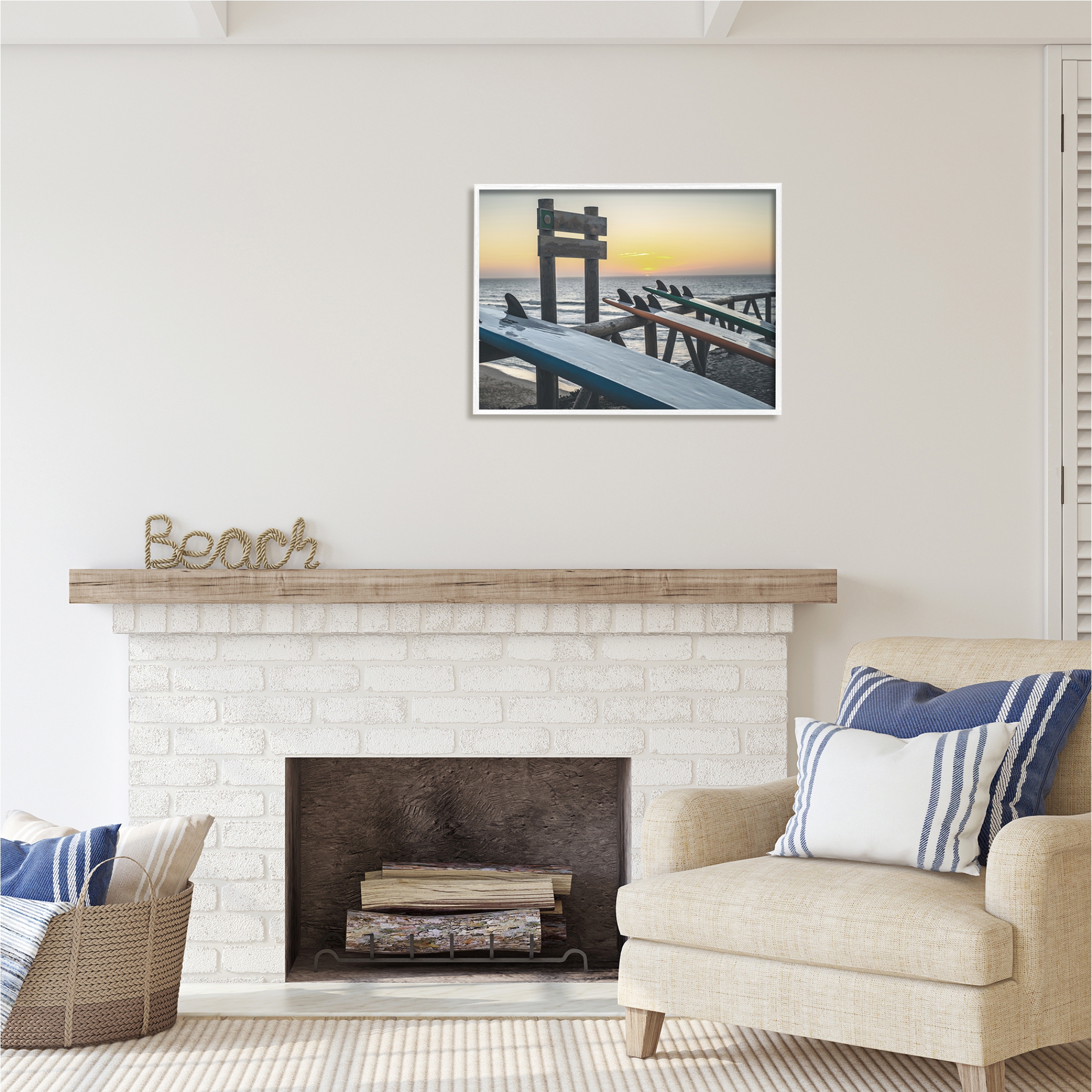 Stupell Industries Leaning Surfboards by Beach Nature Photography White Framed Art Print Wall Art, 30 x 24