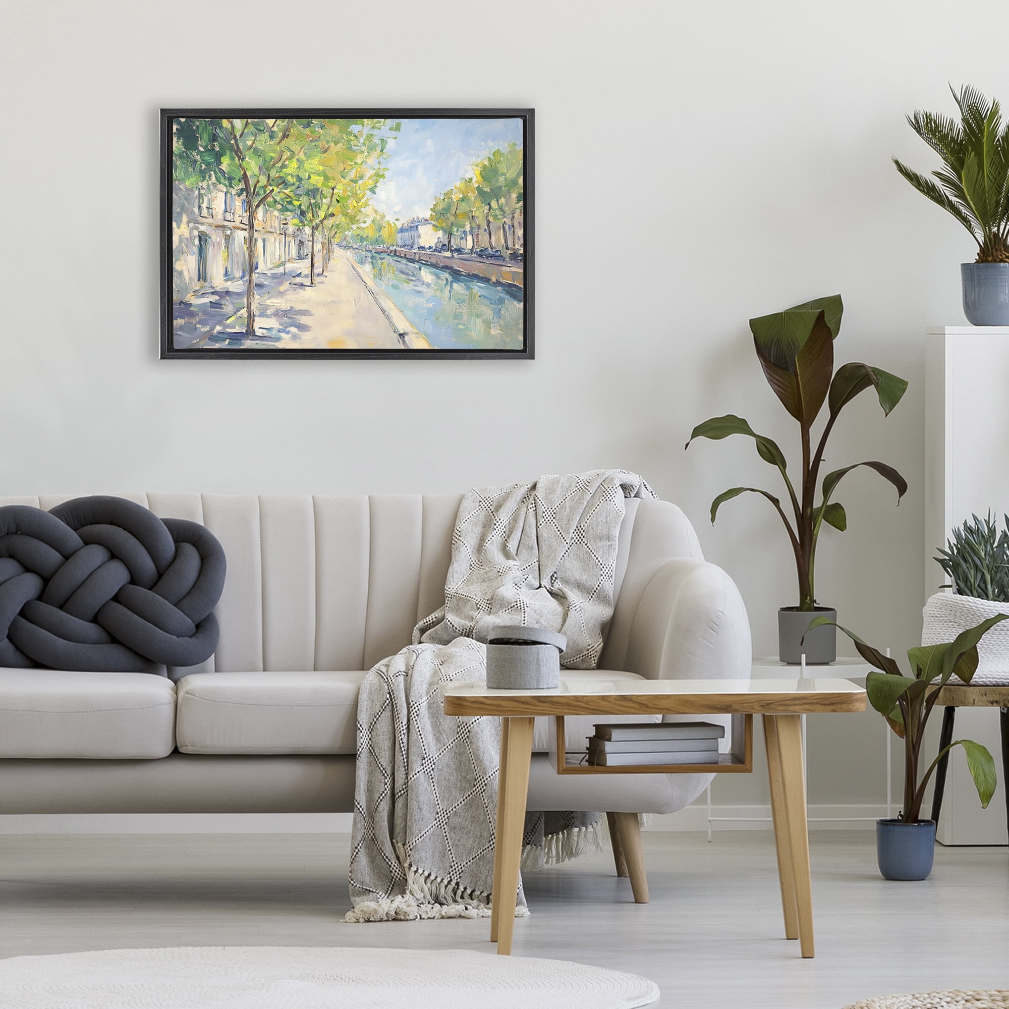 Stupell Industries Montrouge Canal Promenade Black Framed Floater Canvas Wall Art, design by Creative Studio