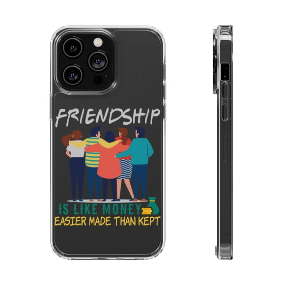 DistinctInk Clear Hybrid Case for Apple iPhone 15 Pro (6.1" Screen) - Friends Like Money - Tempered Glass Back