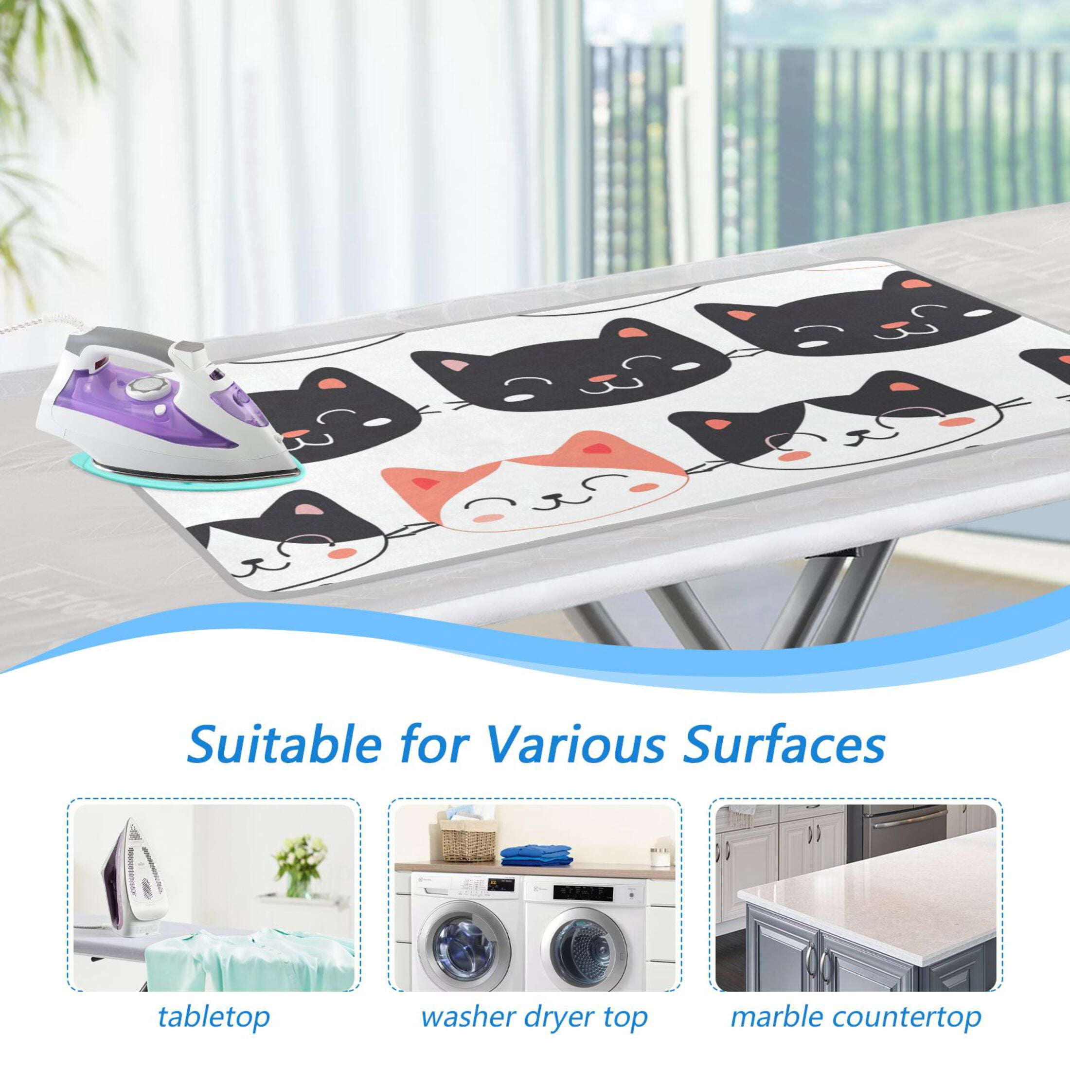 Cute Cat Faces Ironing Mat Blanket Portable Travel Ironing Pad Heat Resistant Pad 47.2" x 27.6”