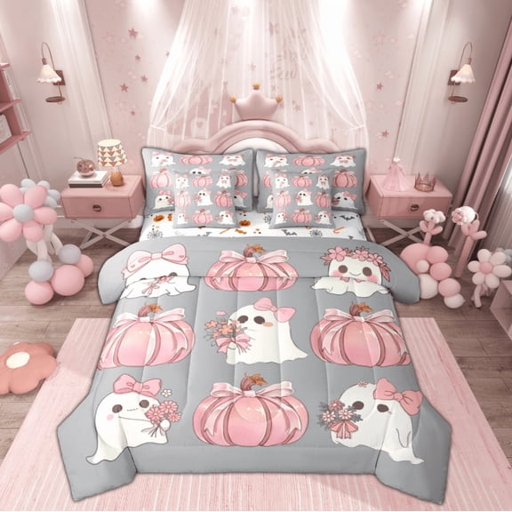 Feelyou Pink Grey Pumpkin Twin Bedding Sets 7-Piece, Kawaii Sguar Halloween Ghost Bedding Comforter Set, Teen Kid Child Reversible Sheet Sets, Microfiber Bedroom Decor