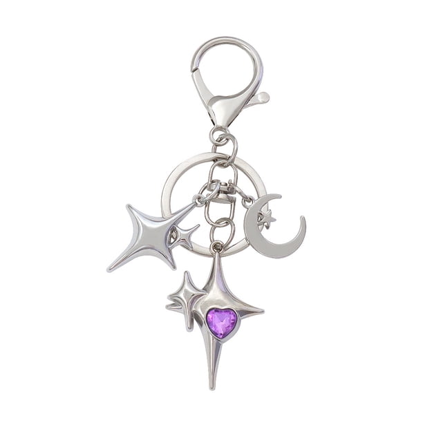 Llavero de aleación de plata con luna y estrella con corazón morado