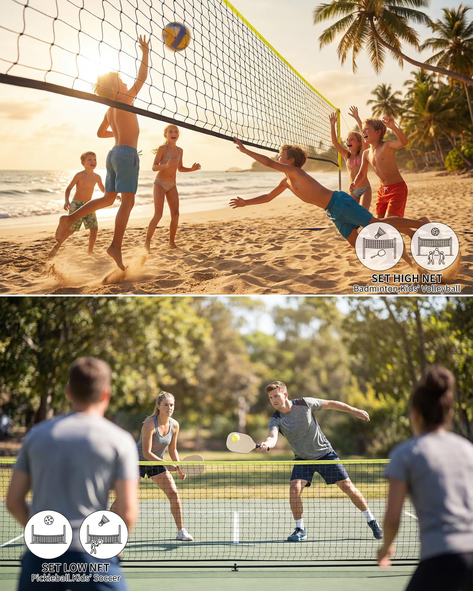 Portable Badminton Net 17FT, Height Adjustable Volleyball Net 3.5-5ft, Foldable Pickleball Net with Poles & Carry Bag, Easy Setup Nylon Set for Backyard, Indoor & Outdoor Games