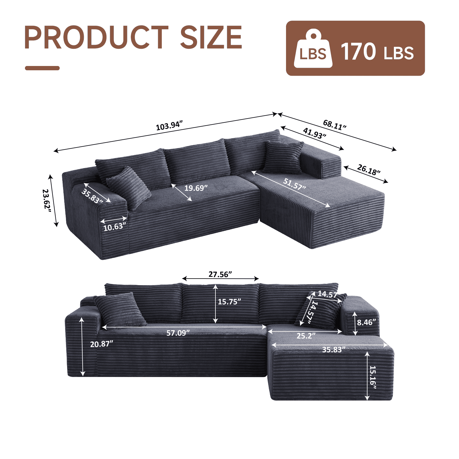 104" Modular Sectional Sofa, Flannel Modern L-Shaped Cloud Couch with Chaise Lounge & Pillows, Compressed Sofa with Upholstered High-Density Sponge, Corner Sofa for Living Room Bedroom Apartment